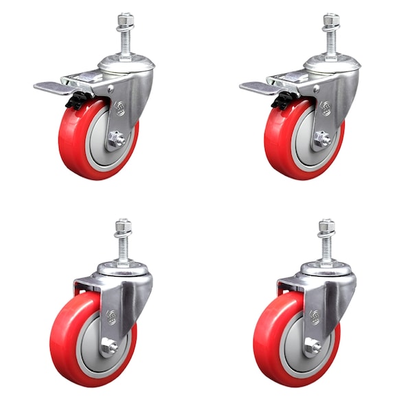 Service Caster 4 Inch SS Red Poly Swivel 3/8 Inch Threaded Stem Caster Total Lock Brake, 2PK SSTSTTL20S414-PPUB-RED-381615-2-S-2 - main